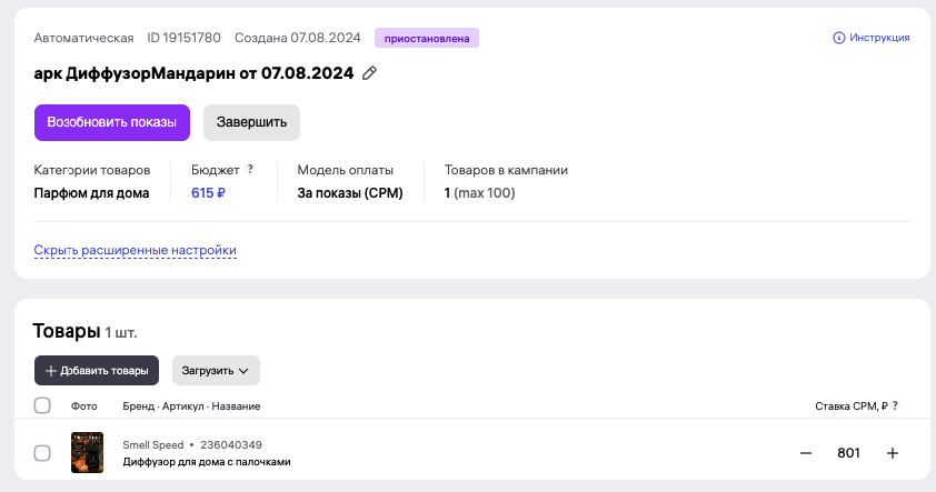 Выбор типа кампании на Wildberries