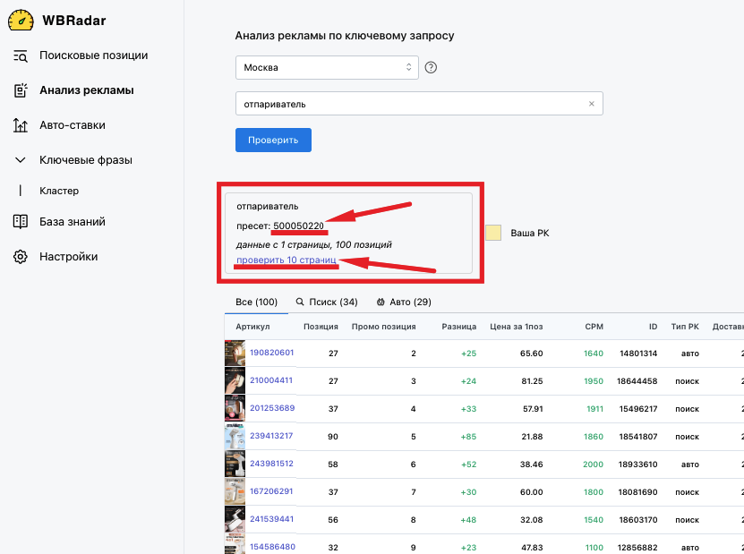 Информационный блок анализа выдачи