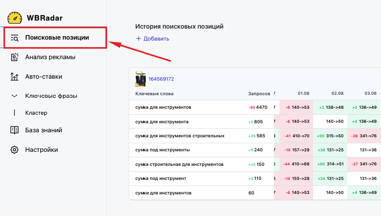 Вкладка «Поисковые позиции» в WBRadar